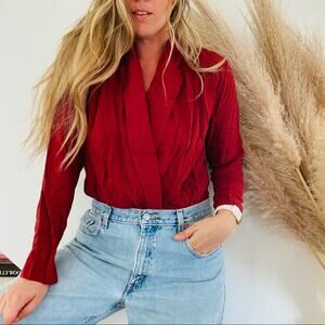 NEW NWT FREE PEOPLE Elsa Long Sleeve Deep Plunge Red Lace Blouse Bodysuit XS